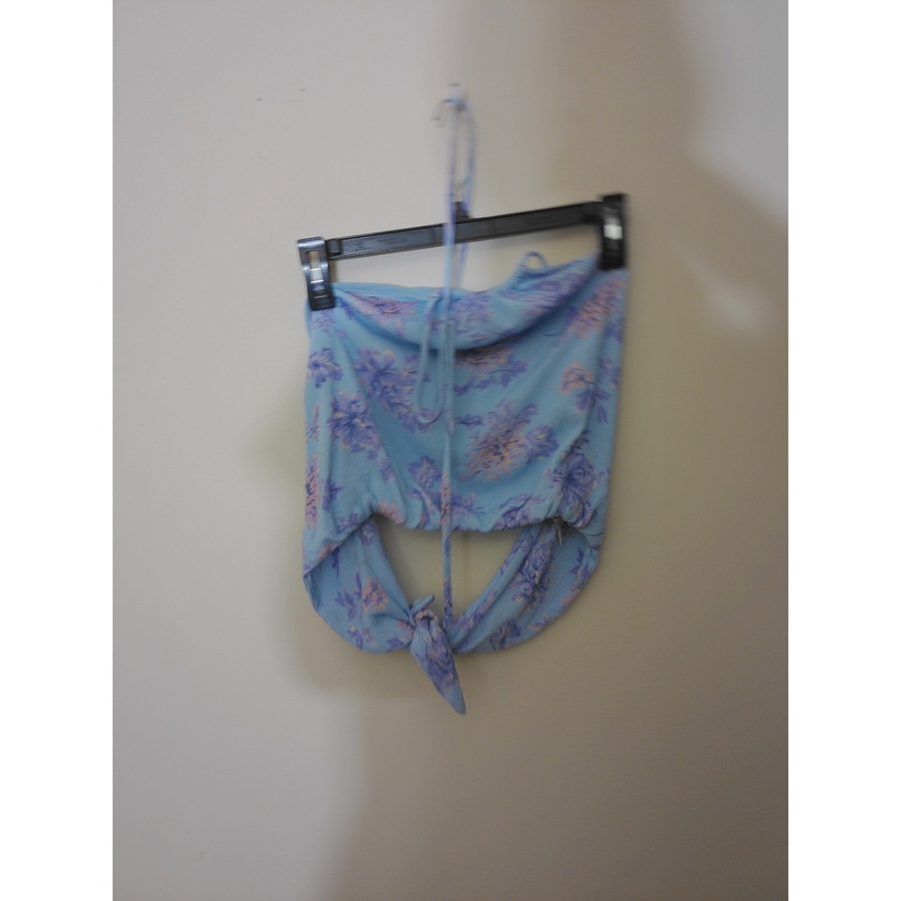Style Rack Halter Top Women Small Blue Floral Y2K Boho Cropped Tie Neck Airy